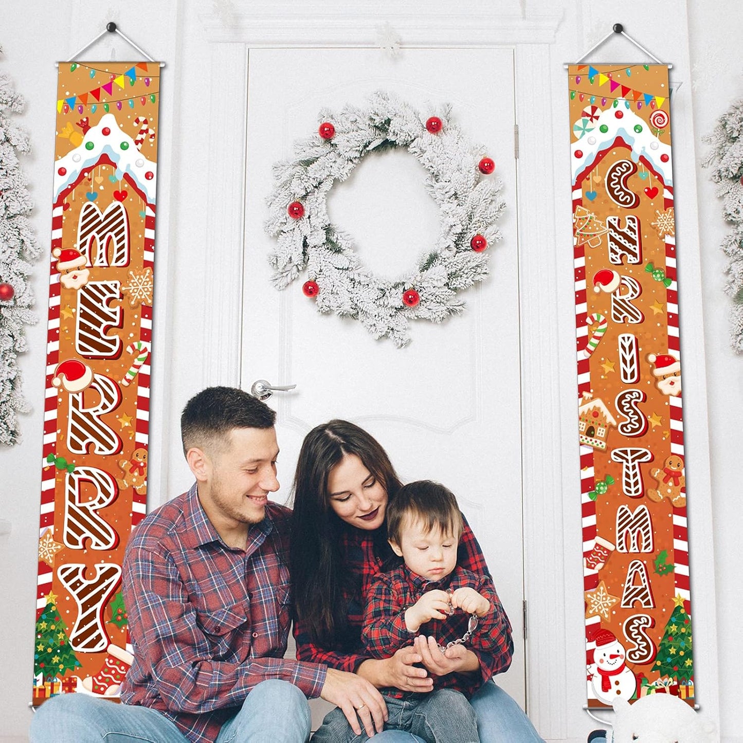 Gingerbread Christmas Decorations Christmas Porch Sign Outdoor Door Banner Holiday Gingerbread Party Favor Supplies, 71’’ X 43’’