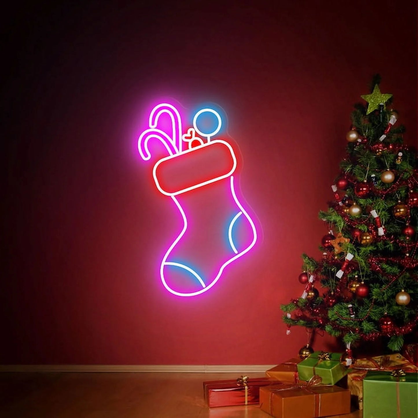 Christmas Stocking Neon Sign Christmas Sock Led Sign Christmas Decor Wall Decor Party Event Decor Christmas Gift(Red Yellow)