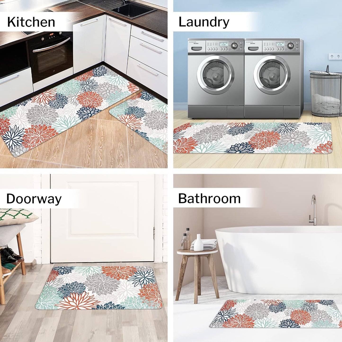 Dahlia Kitchen Rugs and Mats Set of 2, anti Fatigue Floor Mat, Waterproof PVC Leather Non Slip Kitchen Floor Mats,Comfort Doormat Standing Running Mats Area Rugs Carpet Decor for Kitchen