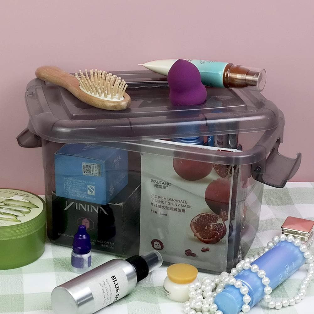 6 Pack Plastic Storage Bin with Handle, 5 Quart Small Latching Boxes, Clear Grey