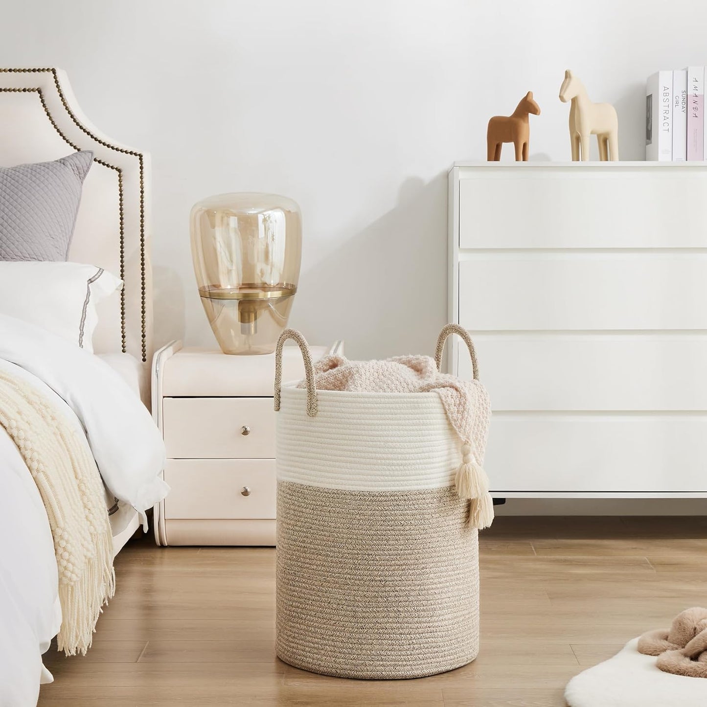 Cotton Rope Laundry Basket by , 58L Woven Collapsible Laundry Hamper, Clothes Hamper with Reinforced Handles in the Laundry Room, Bedroom, Bathroom, Brown