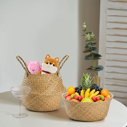2 Pack Woven Seagrass Plant Basket with Handles, Ideal Wicker Baskets Storage Plant Pot Baskets for Laundry, Picnic, Plant Pot Cover, Beach Bag and Grocery Basket (L)