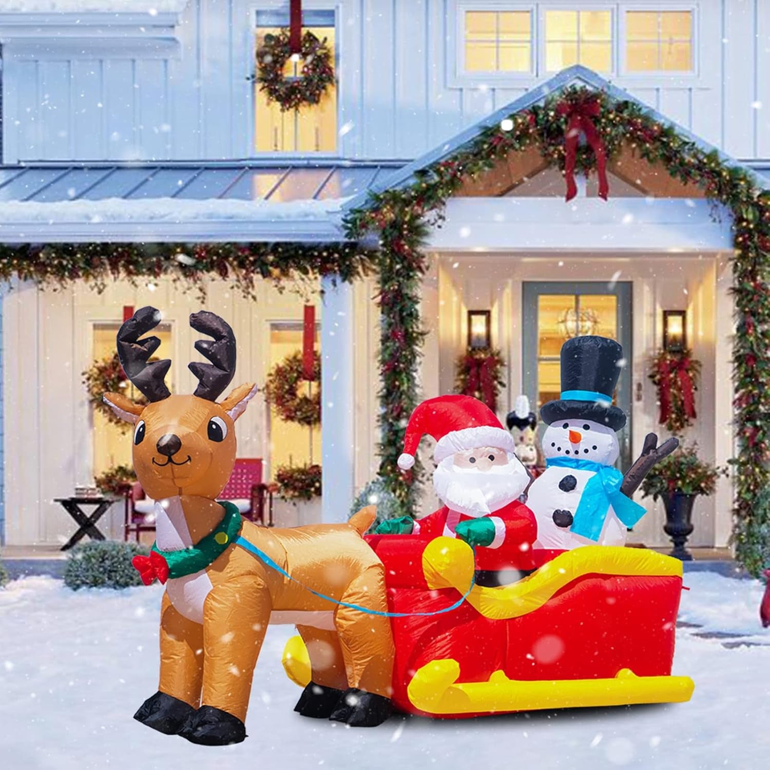 6.5 Ft Long Christmas Inflatables Outdoor Decorations, Inflatable Santa Claus on Sleigh with Reindeer and Snowman Christmas Blow up Built-In LED Lights for Yard Party Outdoor Holiday Decoration