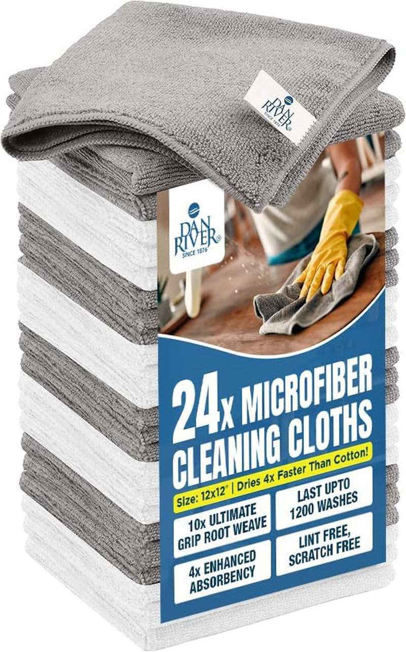24-Pack Microfiber Towels – Ultra Absorbent, Lint Free Cloth & Streak-Free for Home, Car & Kitchen - Must-Have Cleaning Essentials - 12" X 12" - Gray White