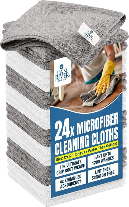 24-Pack Microfiber Towels – Ultra Absorbent, Lint Free Cloth & Streak-Free for Home, Car & Kitchen - Must-Have Cleaning Essentials - 12" X 12" - Gray White