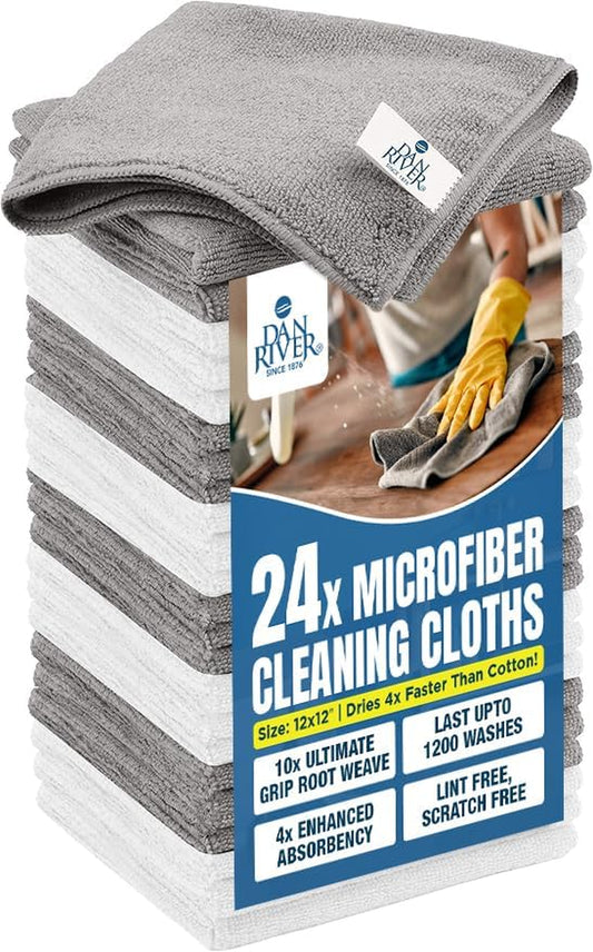 24-Pack Microfiber Towels – Ultra Absorbent, Lint Free Cloth & Streak-Free for Home, Car & Kitchen - Must-Have Cleaning Essentials - 12" X 12" - Gray White