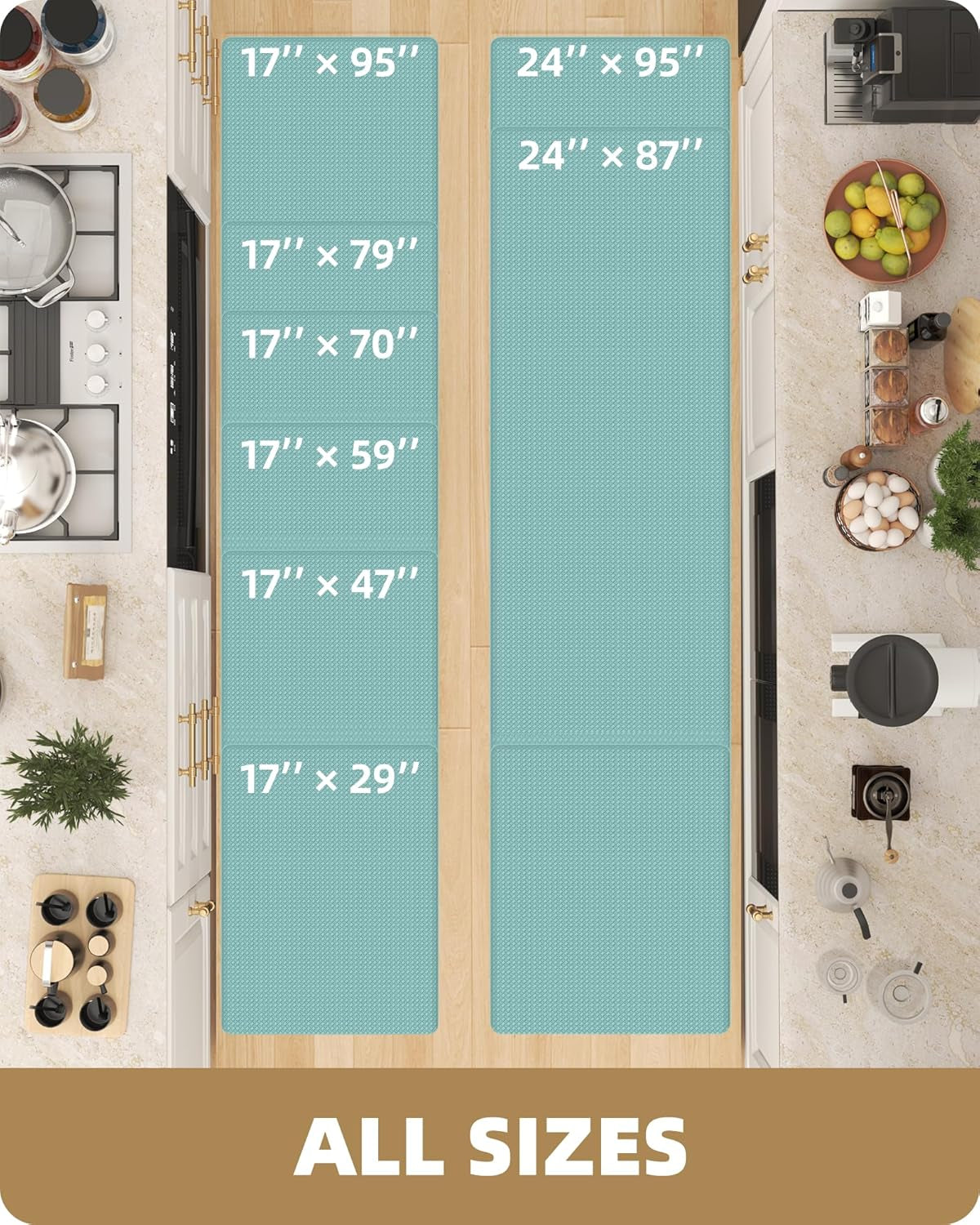 anti Fatigue Cushion Padded Kitchen Mat for Floor - 17X29+17X59,Easy Clean, Waterproof & Oil Proof, anti Slip, Foam Rubber Runner Rug for Front Sink Comfort Standing, Teal Set of 2