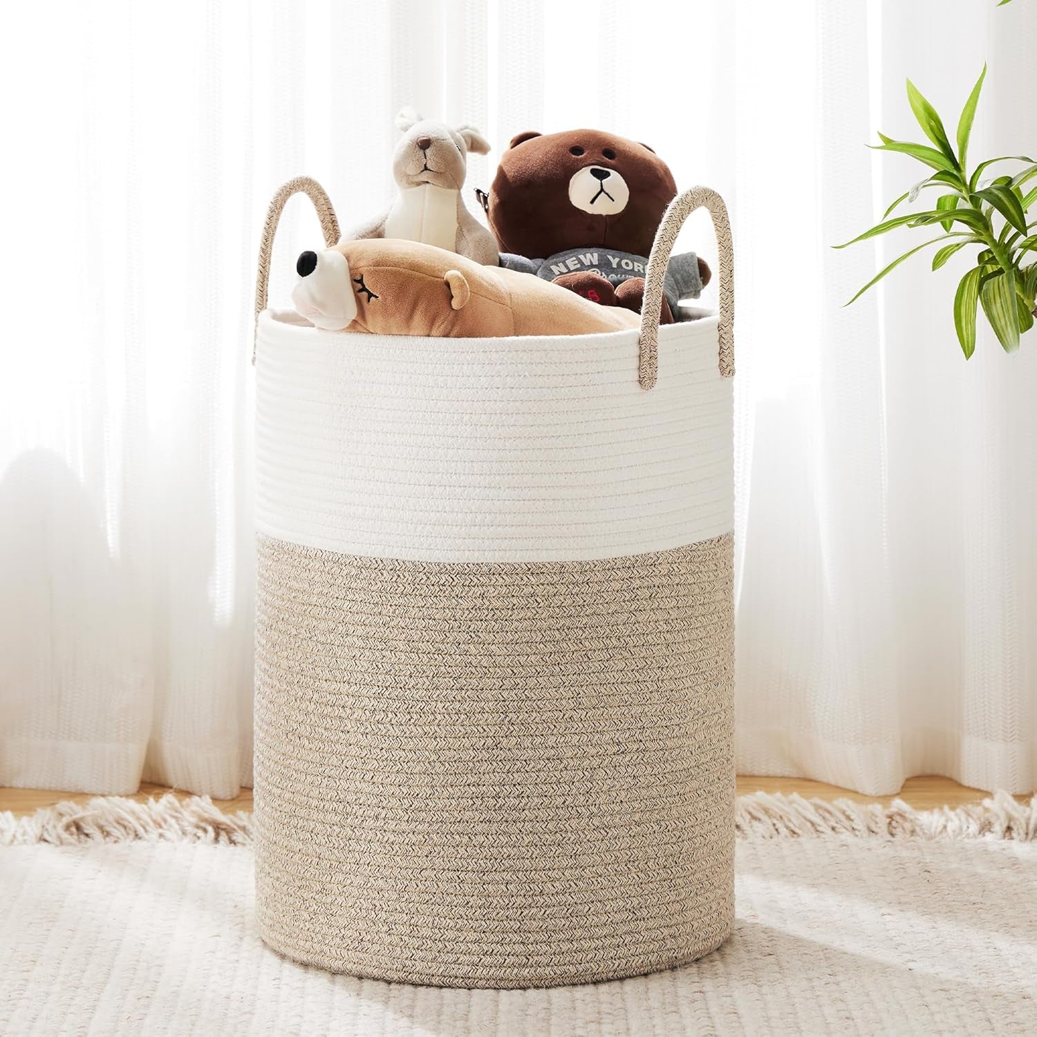 Cotton Rope Laundry Basket by , 58L Woven Collapsible Laundry Hamper, Clothes Hamper with Reinforced Handles in the Laundry Room, Bedroom, Bathroom, Brown