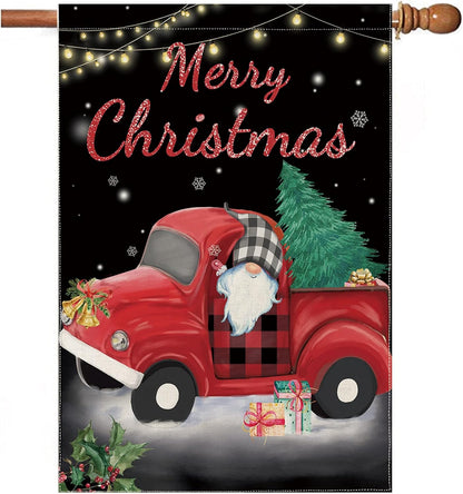 Christmas Garden Flag, Large Christmas Flag 28X40 Double Sided with Red Truck Gnome for Yard outside Outdoor Decor