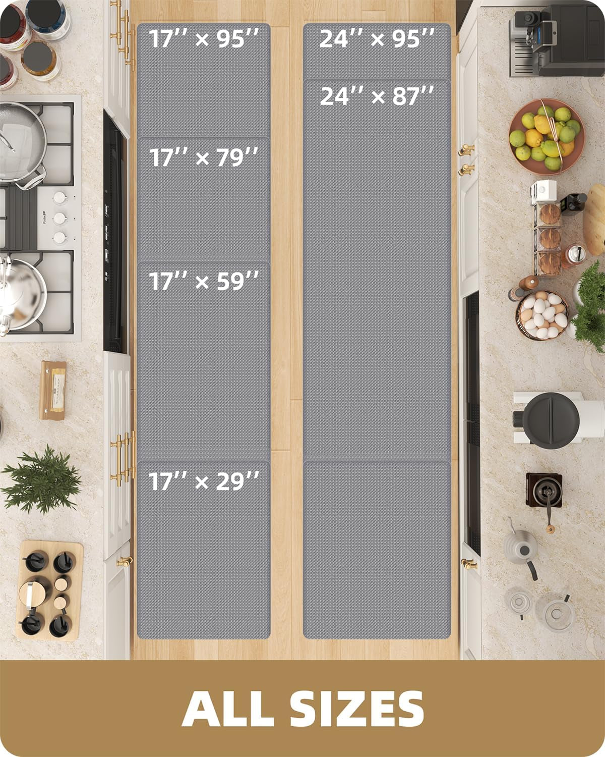 anti Fatigue Cushion Padded Kitchen Mat for Floor - 17X29+17X59,Easy Clean, Waterproof & Oil Proof, anti Slip, Foam Rubber Runner Rug for Front Sink Comfort Standing, Grey Set of 2