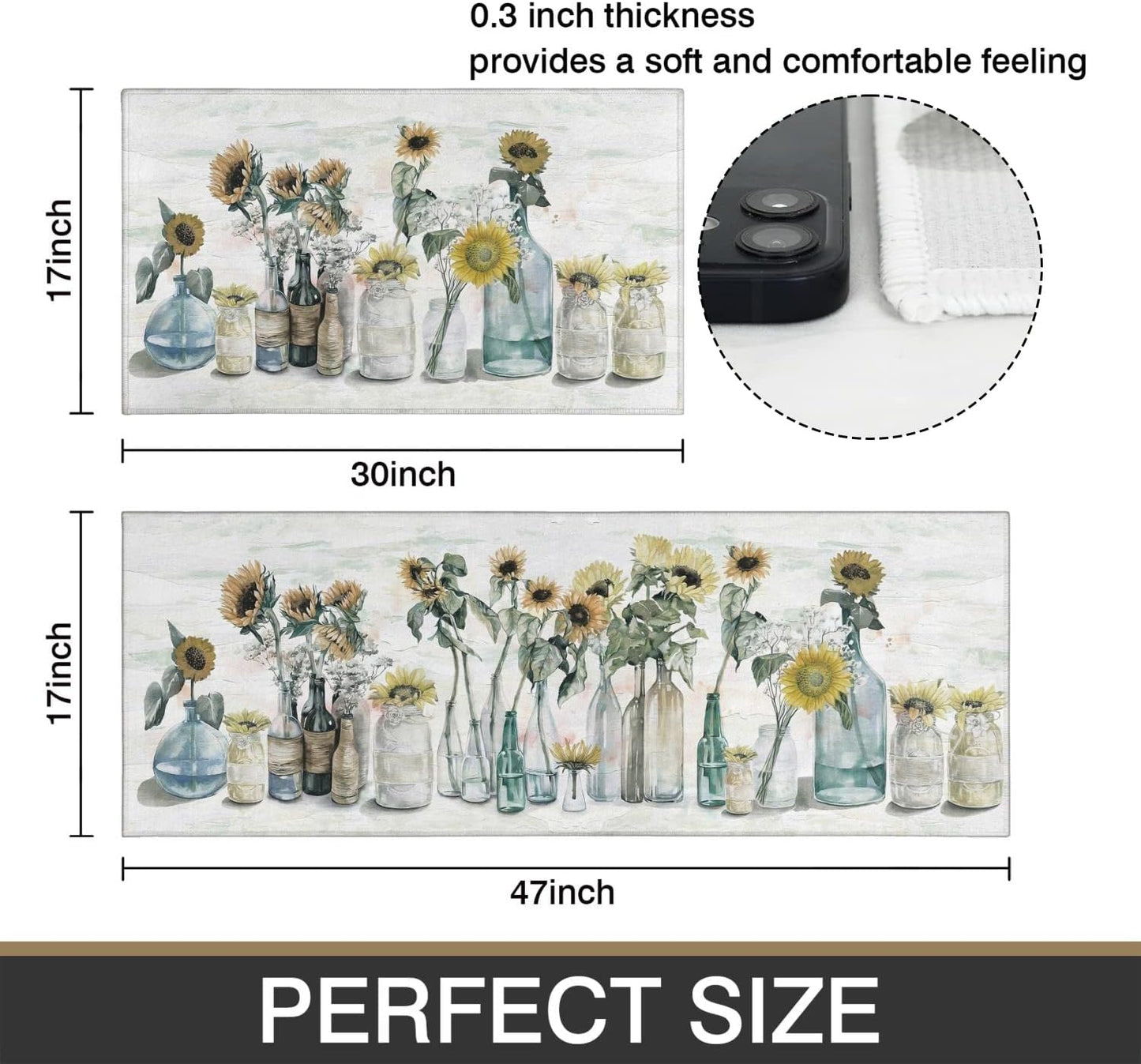 Sunflower Farmhouse Kitchen Rugs Set of 2,Colorful Spring Summer Flowers Kitchen Rugs and Mats Non Skid Washable,Farmhouse Kitchen Runner Rugs with Rubber Backing (17"X48"+17"X30")