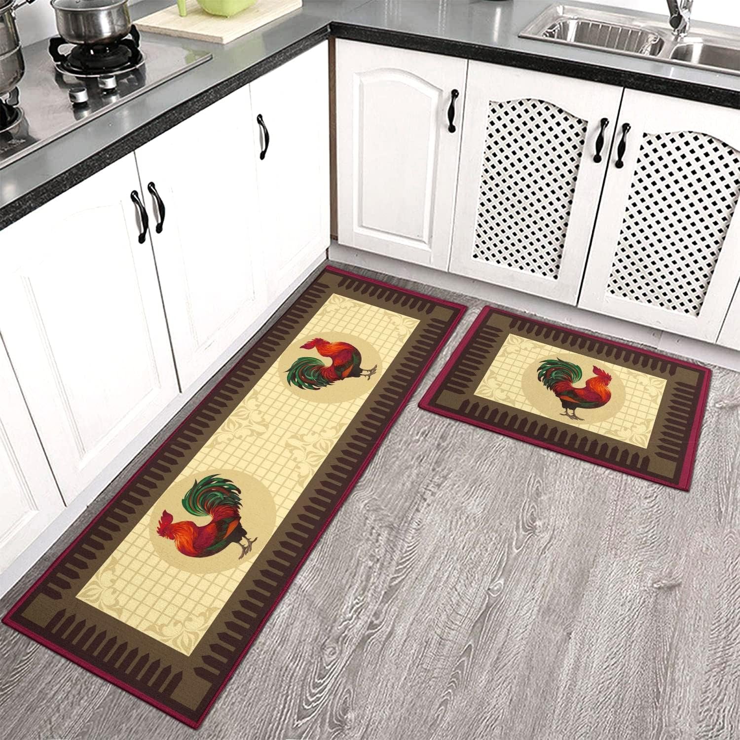 Rooster Kitchen Rug Rooster Rugs Set of 2 Kitchen Rug with Rooster Non-Slip Kitchen Rugs and Mats Floor Mat Doormat Runner Rug for Kitchen, Laundry, Living Room, Front Door