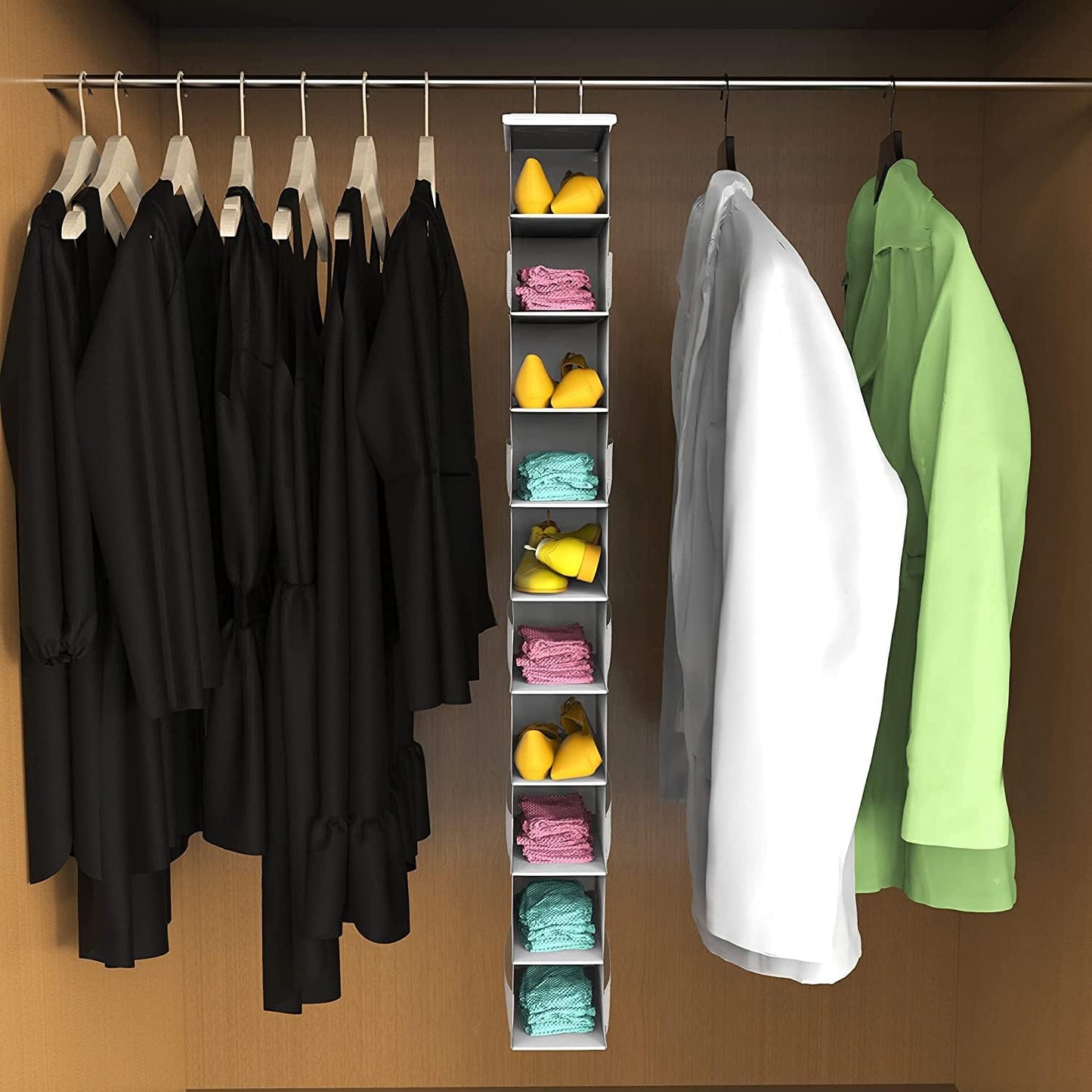 Hanging Shoe Organizer, 10-Shelf Closet Organizer with 6 Mesh Side Pockets