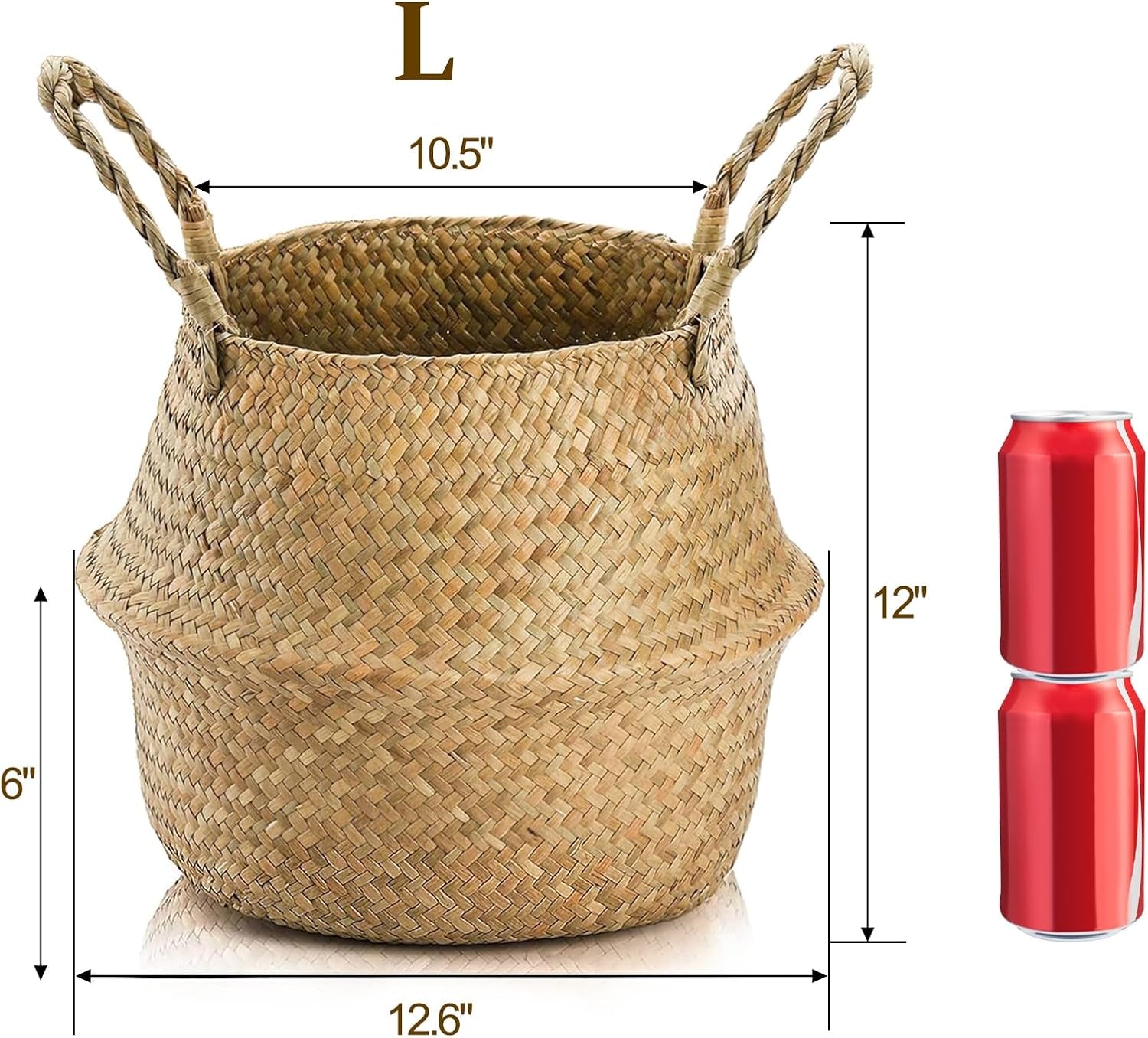 2 Pack Woven Seagrass Plant Basket with Handles, Ideal Wicker Baskets Storage Plant Pot Baskets for Laundry, Picnic, Plant Pot Cover, Beach Bag and Grocery Basket (L)