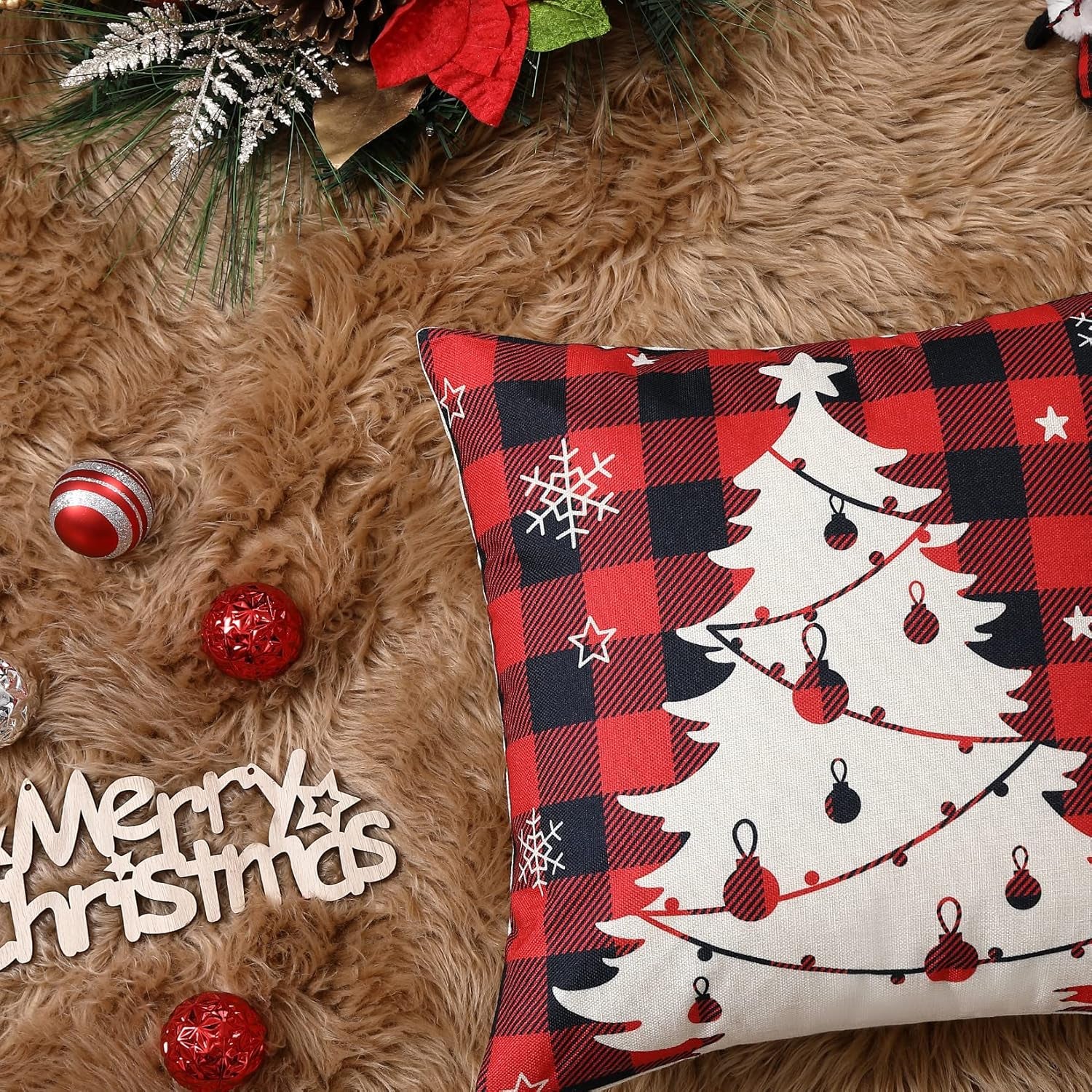 Christmas Decoration Pillow Covers 18X18 Set of 4,Farmhouse Christmas Decor for Home,Red Black Buffalo Plaids Tree Deer Rustic Truck Xmas Pillow Case Winter Holiday Cushion Case for Couch