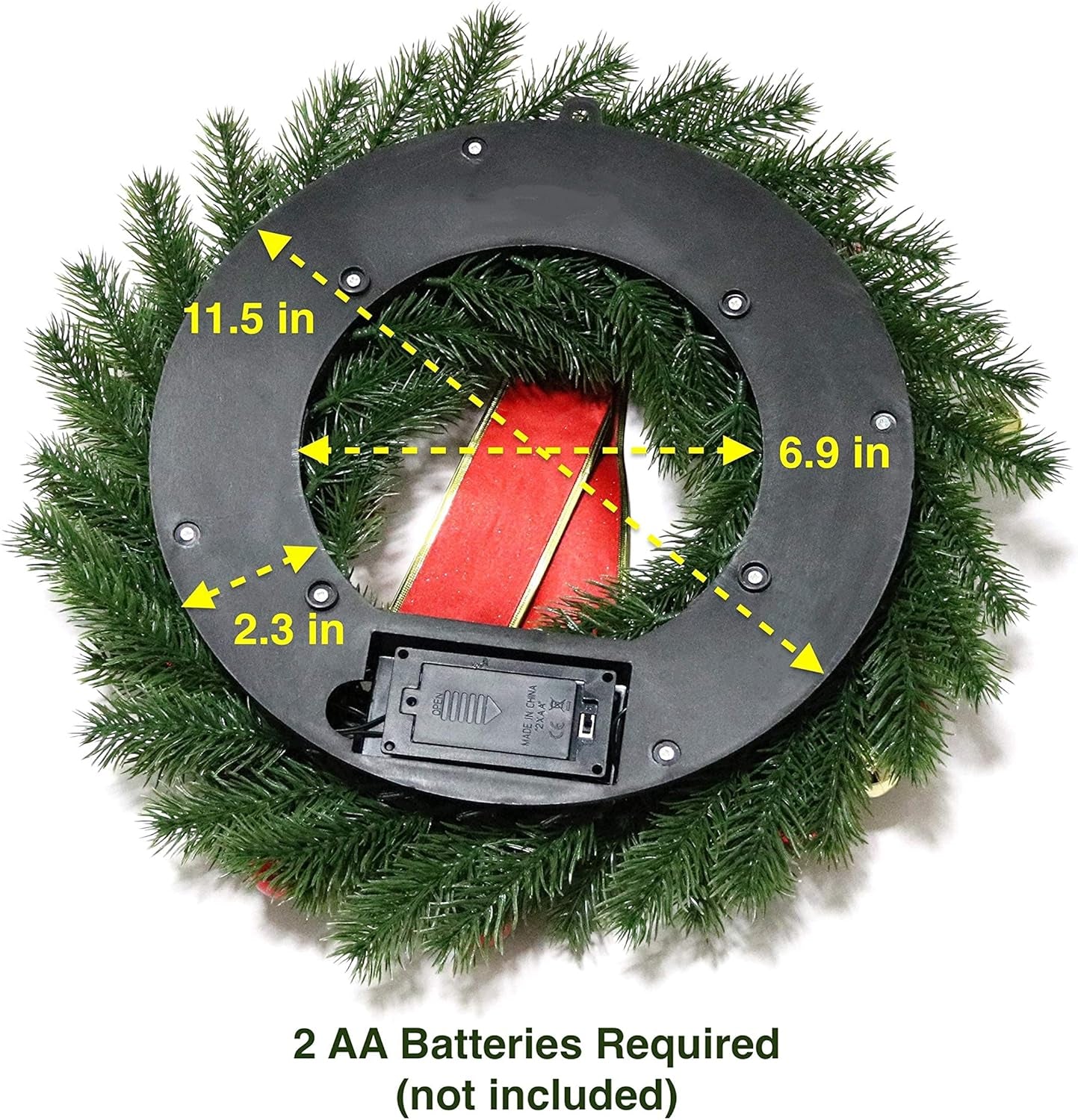 Christmas Wreath 16 Inches with Metal Hanger and Timer, Lighted Front Door Wreath Battery Operated