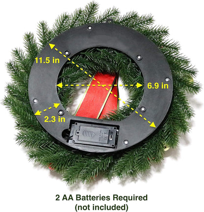 Christmas Wreath 16 Inches with Metal Hanger and Timer, Lighted Front Door Wreath Battery Operated