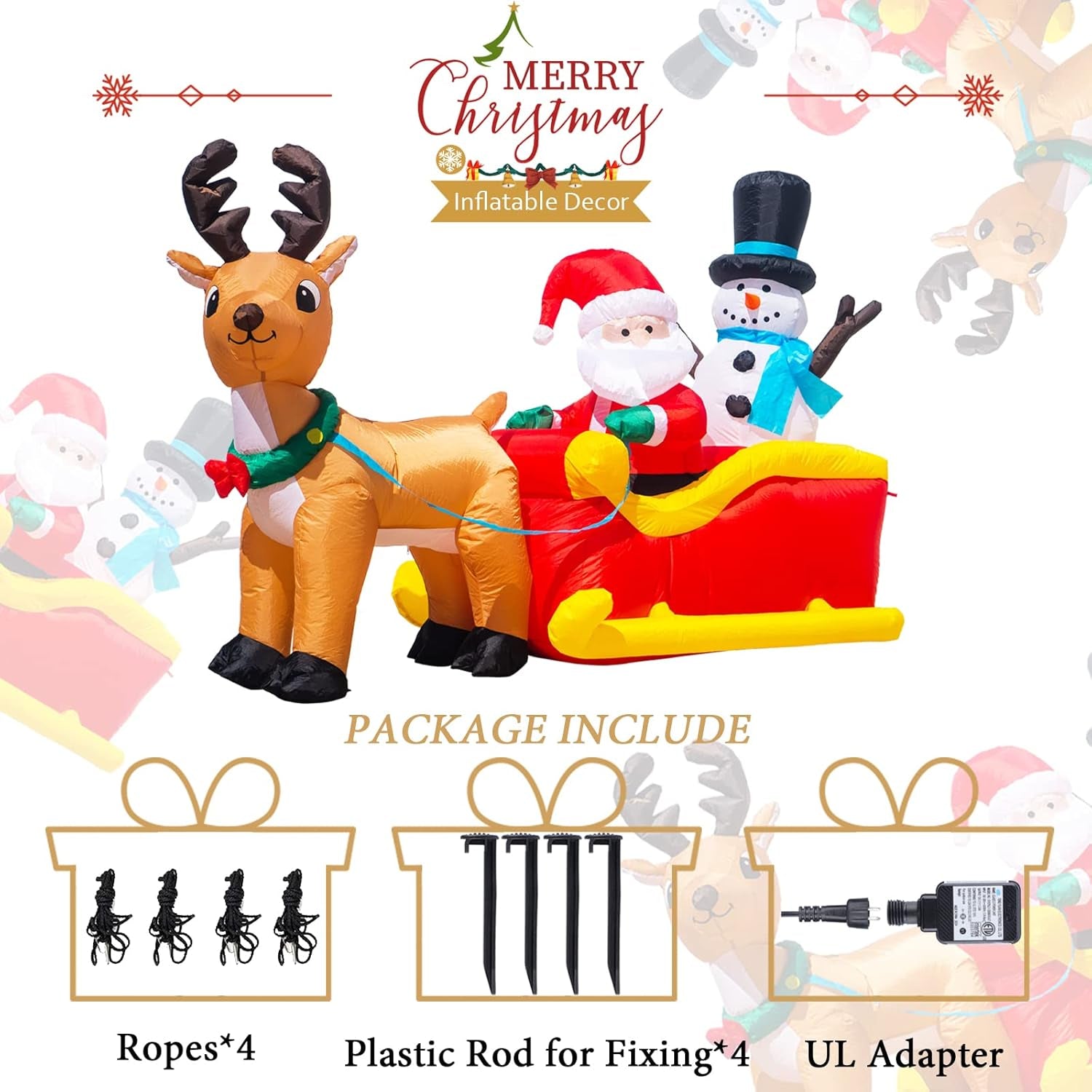 6.5 Ft Long Christmas Inflatables Outdoor Decorations, Inflatable Santa Claus on Sleigh with Reindeer and Snowman Christmas Blow up Built-In LED Lights for Yard Party Outdoor Holiday Decoration