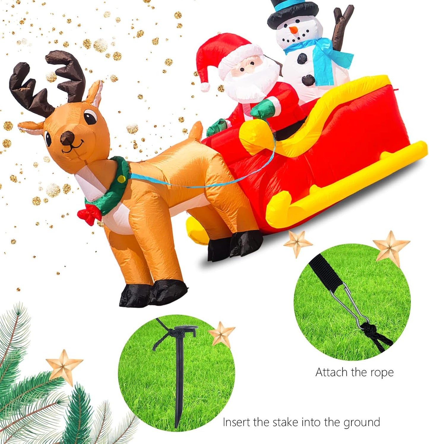 6.5 Ft Long Christmas Inflatables Outdoor Decorations, Inflatable Santa Claus on Sleigh with Reindeer and Snowman Christmas Blow up Built-In LED Lights for Yard Party Outdoor Holiday Decoration