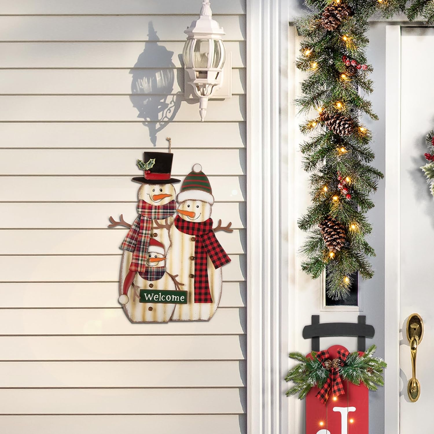 30" H Metal Christmas Snowman Family Yard Stake, Holiday Decorations Outdoor Standing Hanging Display, Xmas Holiday Wall Ornament for Lawn Outdoor Holiday Decoration