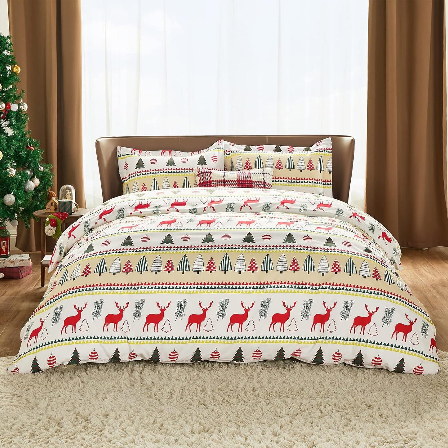 Christmas Duvet Cover Set, 3 Pieces King Size Comforter Cover Set 90"X104", Super Soft New Year Holiday Bedding Set, Red with White Christmas Reindeer