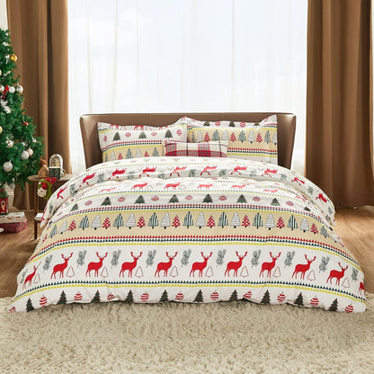 Christmas Duvet Cover Set, 3 Pieces King Size Comforter Cover Set 90"X104", Super Soft New Year Holiday Bedding Set, Red with White Christmas Reindeer