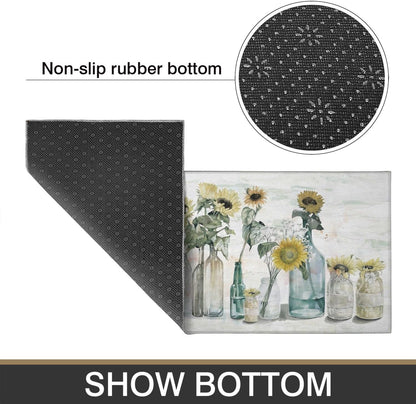 Sunflower Farmhouse Kitchen Rugs Set of 2,Colorful Spring Summer Flowers Kitchen Rugs and Mats Non Skid Washable,Farmhouse Kitchen Runner Rugs with Rubber Backing (17"X48"+17"X30")