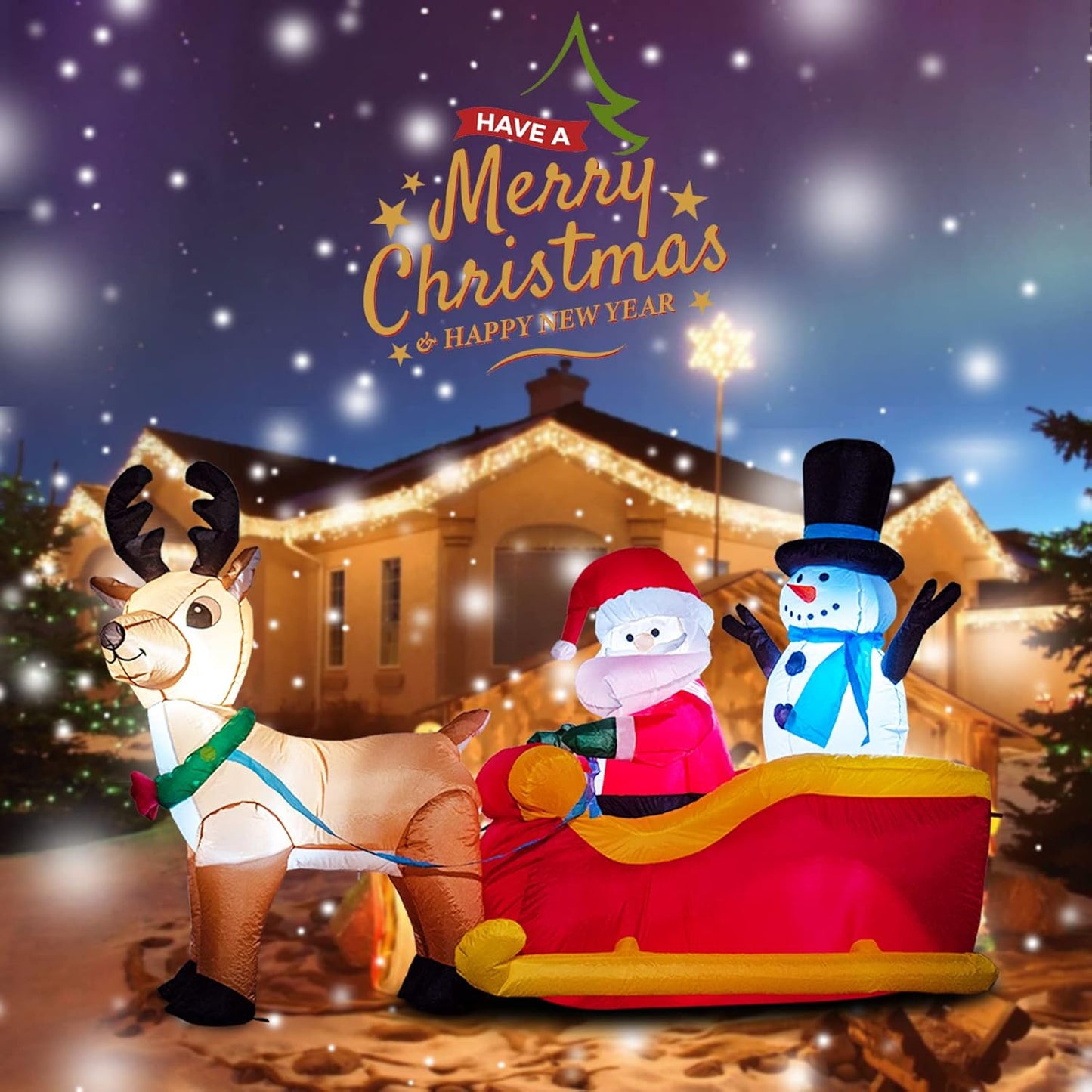 6.5 Ft Long Christmas Inflatables Outdoor Decorations, Inflatable Santa Claus on Sleigh with Reindeer and Snowman Christmas Blow up Built-In LED Lights for Yard Party Outdoor Holiday Decoration