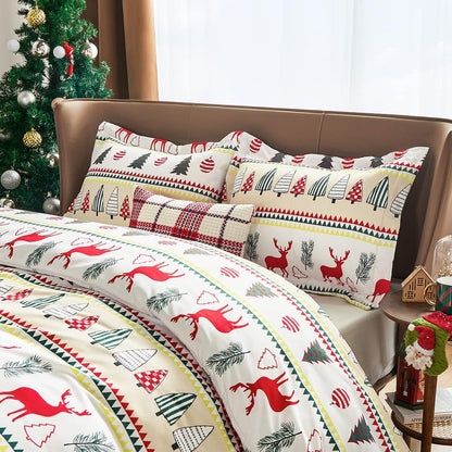 Christmas Duvet Cover Set, 3 Pieces King Size Comforter Cover Set 90"X104", Super Soft New Year Holiday Bedding Set, Red with White Christmas Reindeer