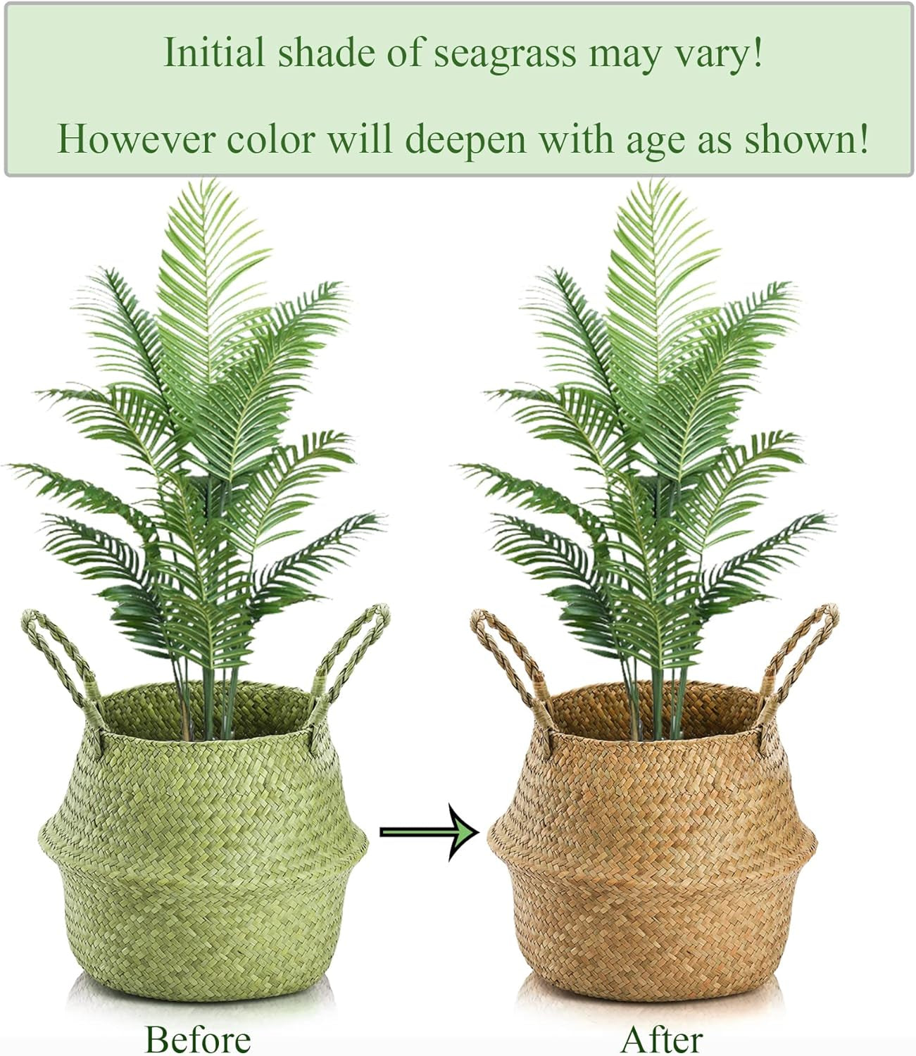 2 Pack Woven Seagrass Plant Basket with Handles, Ideal Wicker Baskets Storage Plant Pot Baskets for Laundry, Picnic, Plant Pot Cover, Beach Bag and Grocery Basket (L)