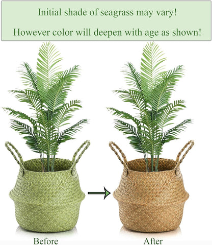 2 Pack Woven Seagrass Plant Basket with Handles, Ideal Wicker Baskets Storage Plant Pot Baskets for Laundry, Picnic, Plant Pot Cover, Beach Bag and Grocery Basket (L)
