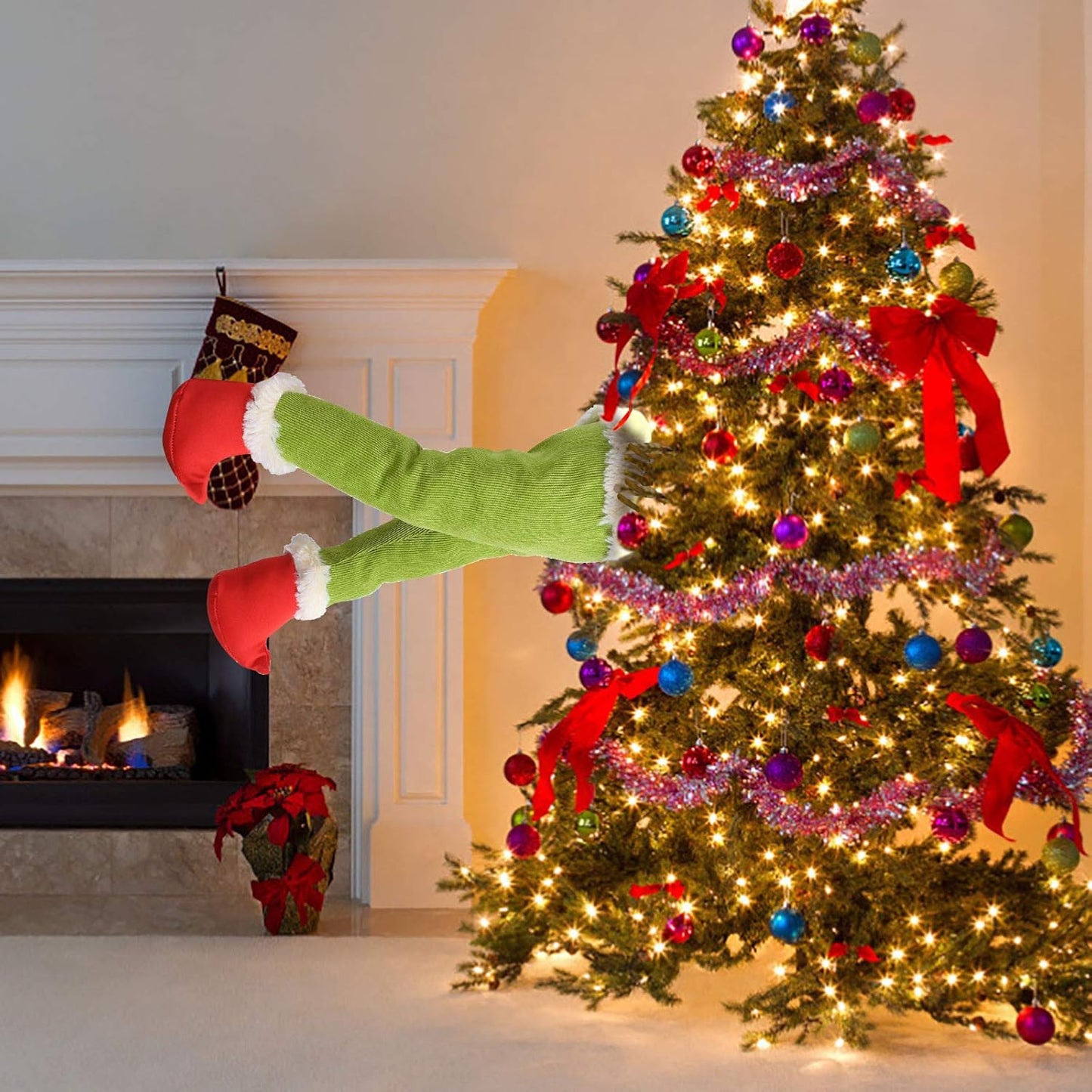 Elf Christmas Decorations Green Elf Christmas Tree Ornaments, Elf Plush Leg/Arms/Head for Christmas Tree, Stole Christmas Elf Stuffed Leg Elf Xmas Tree Topper Decorations (Leg)