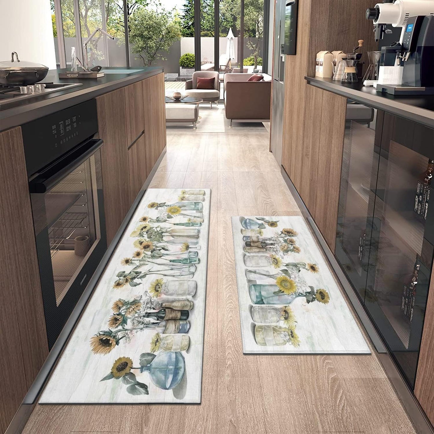 Sunflower Farmhouse Kitchen Rugs Set of 2,Colorful Spring Summer Flowers Kitchen Rugs and Mats Non Skid Washable,Farmhouse Kitchen Runner Rugs with Rubber Backing (17"X48"+17"X30")