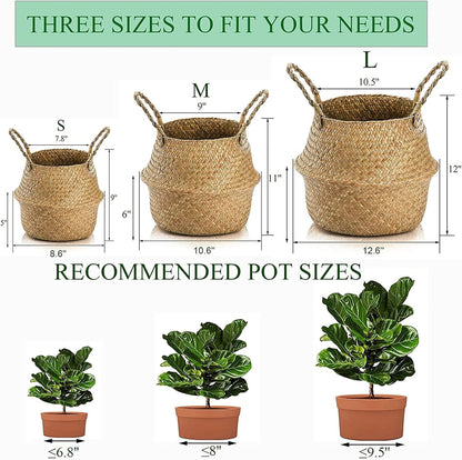 2 Pack Woven Seagrass Plant Basket with Handles, Ideal Wicker Baskets Storage Plant Pot Baskets for Laundry, Picnic, Plant Pot Cover, Beach Bag and Grocery Basket (L)