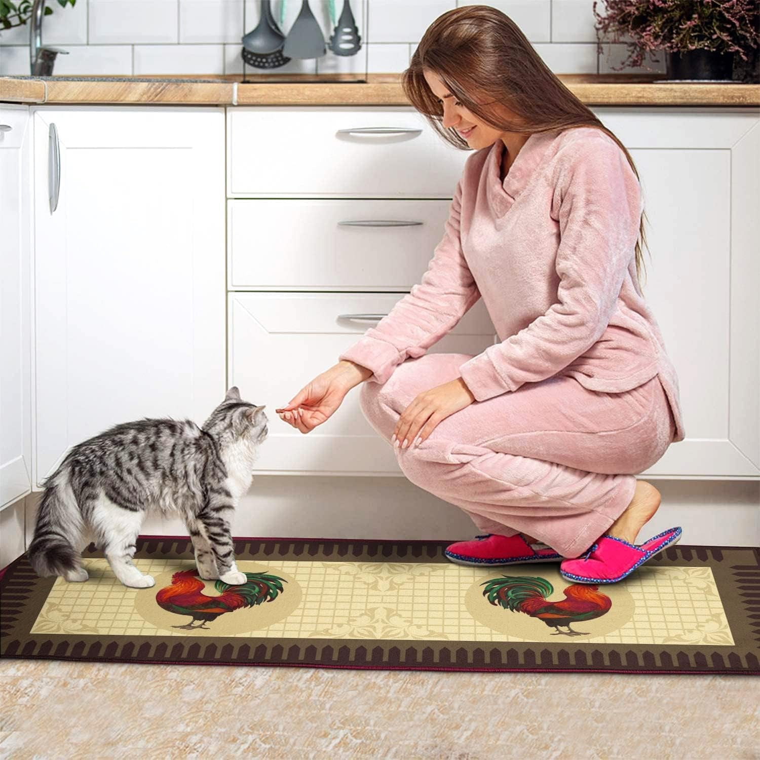 Rooster Kitchen Rug Rooster Rugs Set of 2 Kitchen Rug with Rooster Non-Slip Kitchen Rugs and Mats Floor Mat Doormat Runner Rug for Kitchen, Laundry, Living Room, Front Door