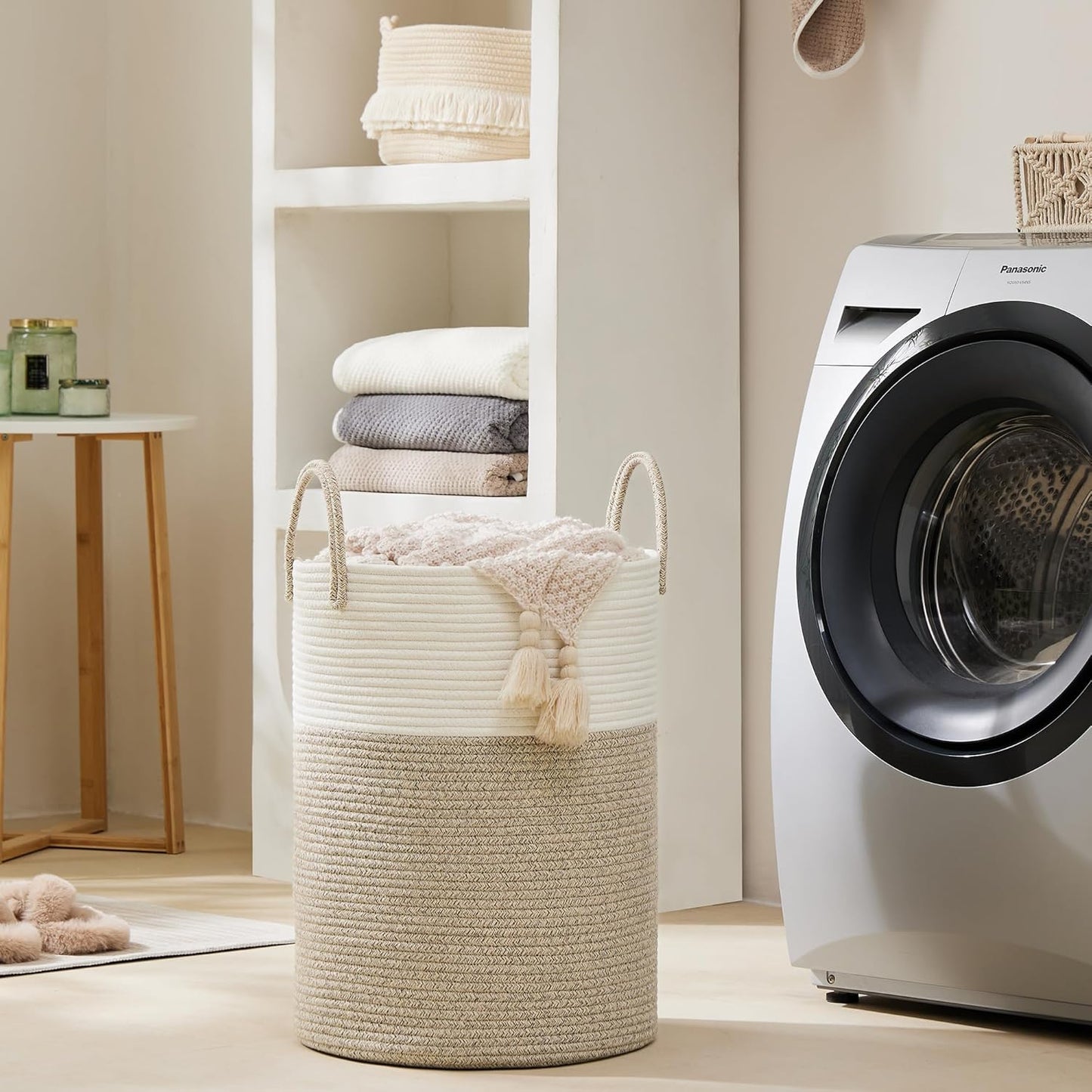 Cotton Rope Laundry Basket by , 58L Woven Collapsible Laundry Hamper, Clothes Hamper with Reinforced Handles in the Laundry Room, Bedroom, Bathroom, Brown