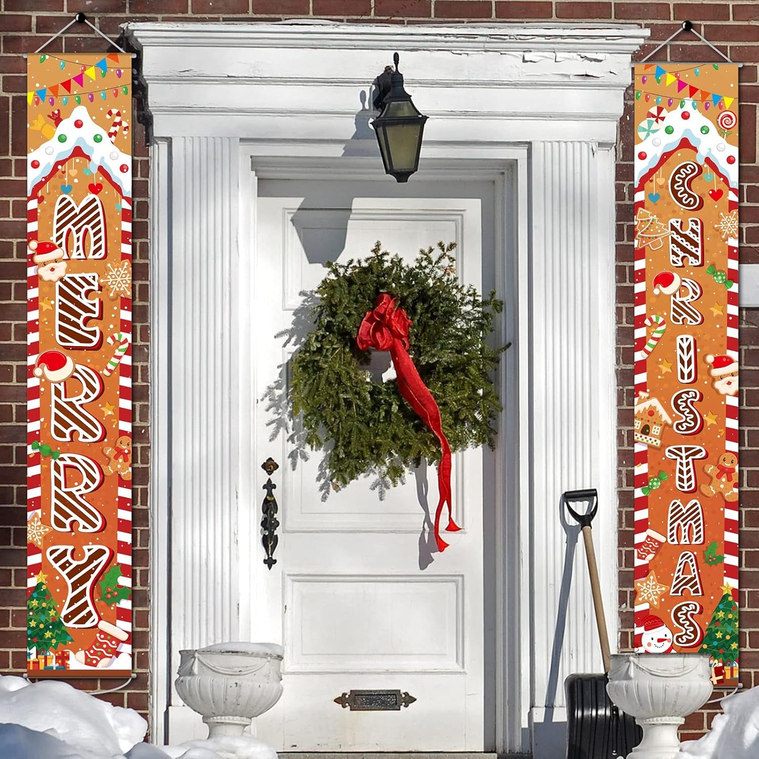 Gingerbread Christmas Decorations Christmas Porch Sign Outdoor Door Banner Holiday Gingerbread Party Favor Supplies, 71’’ X 43’’