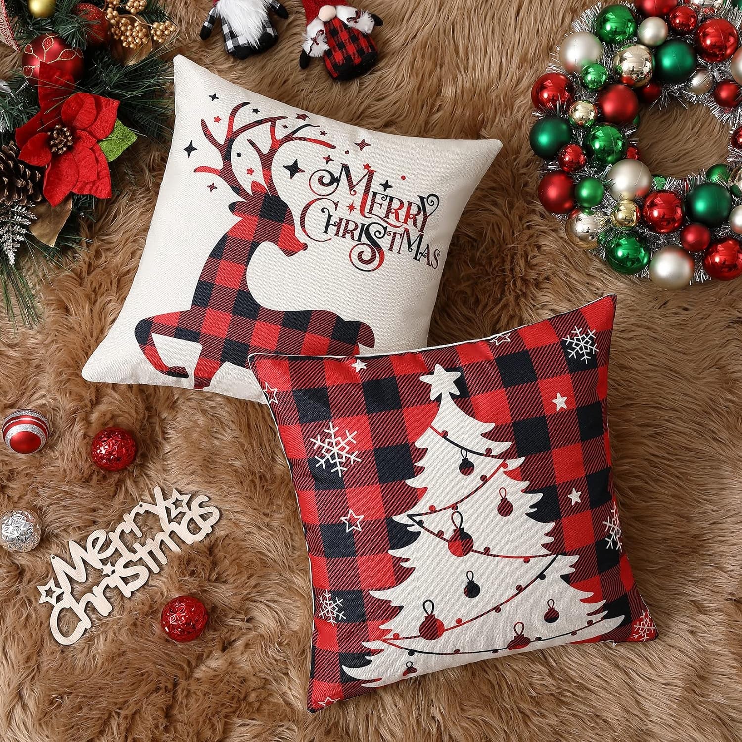Christmas Decoration Pillow Covers 18X18 Set of 4,Farmhouse Christmas Decor for Home,Red Black Buffalo Plaids Tree Deer Rustic Truck Xmas Pillow Case Winter Holiday Cushion Case for Couch