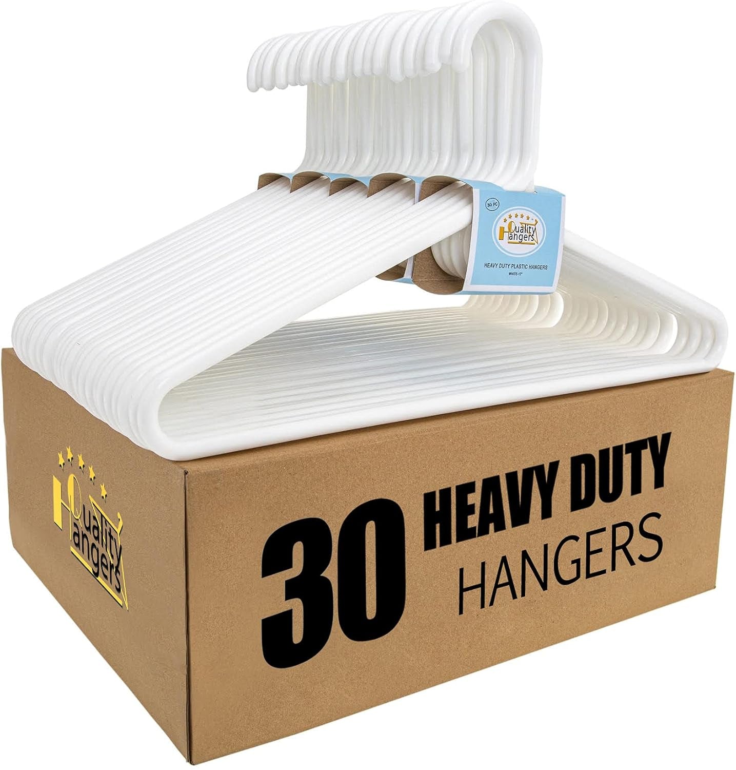 Quality White Plastic Hangers 30 Pack - Super Heavy Duty Multipack for Clothes - Thick Strong Standard Closet Clothing Hangers with Hook for Scarves and Belts-17 for Coats (White, 30)