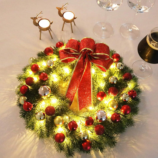 Christmas Wreath 16 Inches with Metal Hanger and Timer, Lighted Front Door Wreath Battery Operated