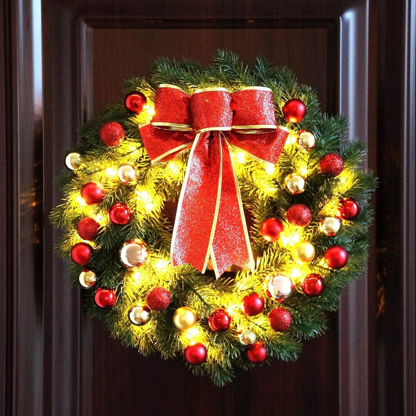 Christmas Wreath 16 Inches with Metal Hanger and Timer, Lighted Front Door Wreath Battery Operated