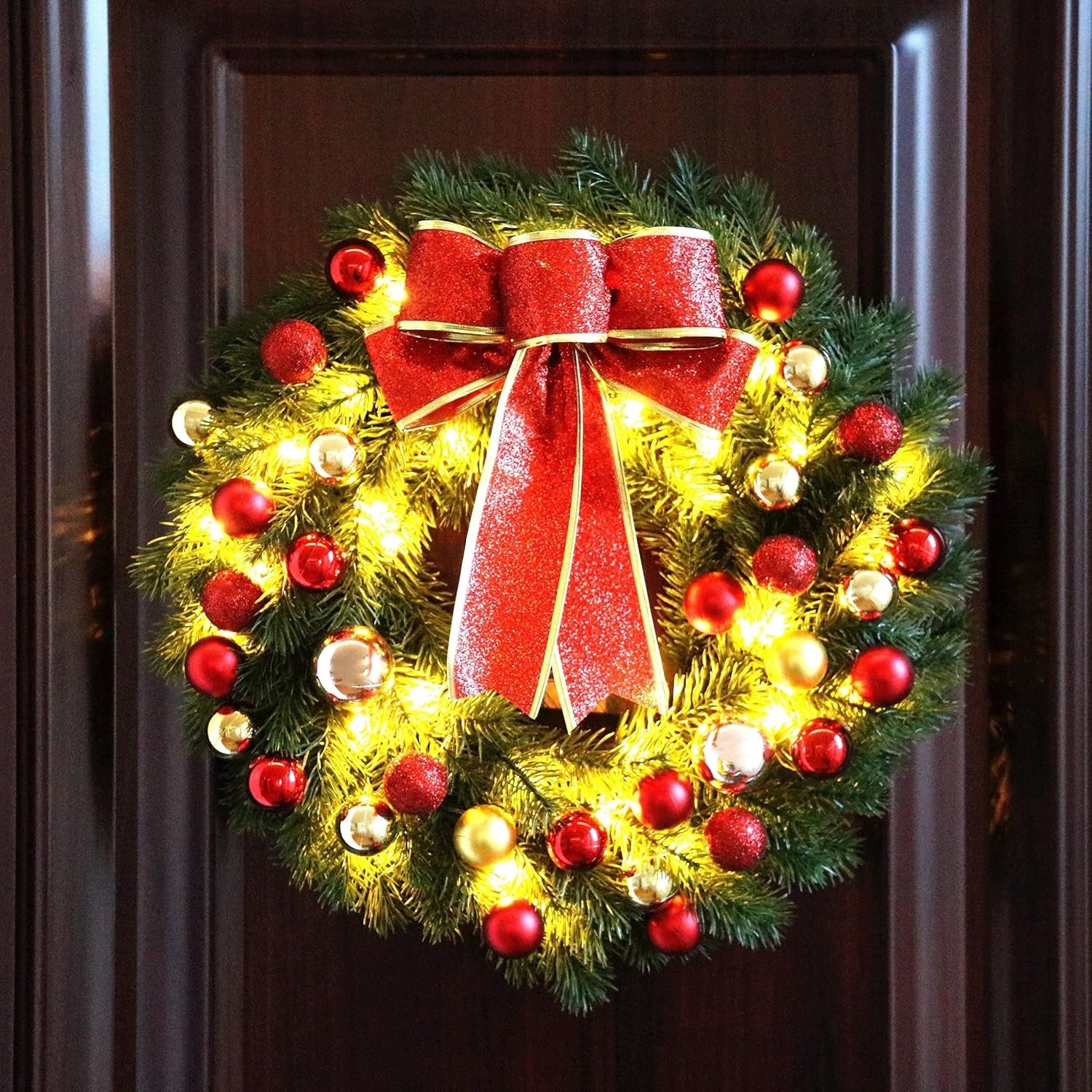 Christmas Wreath 16 Inches with Metal Hanger and Timer, Lighted Front Door Wreath Battery Operated
