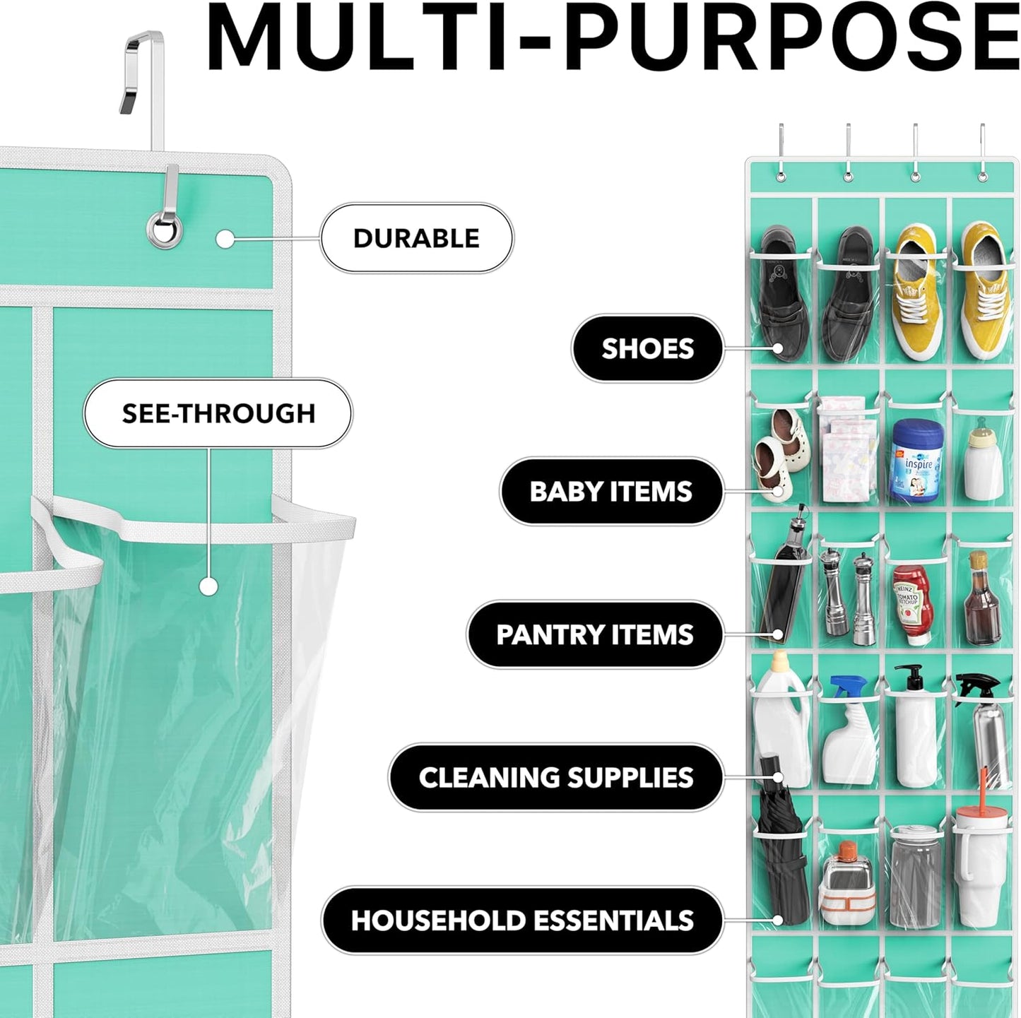 24 Pockets - Crystal Clear over the Door Hanging Shoe Organizer, Turquoise (64'' X 19'')