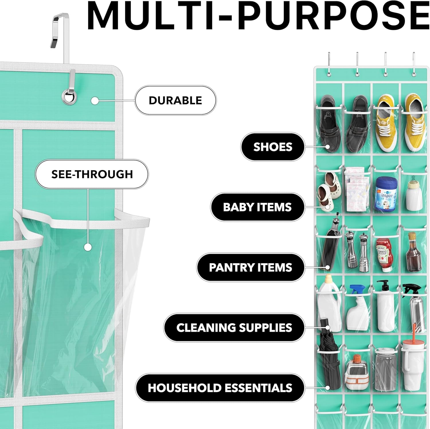 24 Pockets - Crystal Clear over the Door Hanging Shoe Organizer, Turquoise (64'' X 19'')