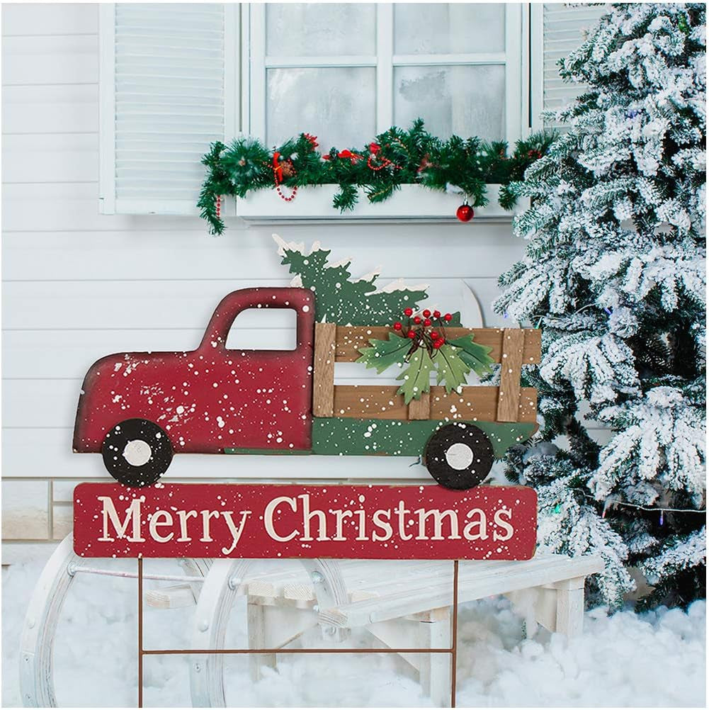 Rustic Wooden Metal Christmas Truck Yard Stake Lawn Garden Standing Sign Lawn Patio Wall Decor, Metal Truck