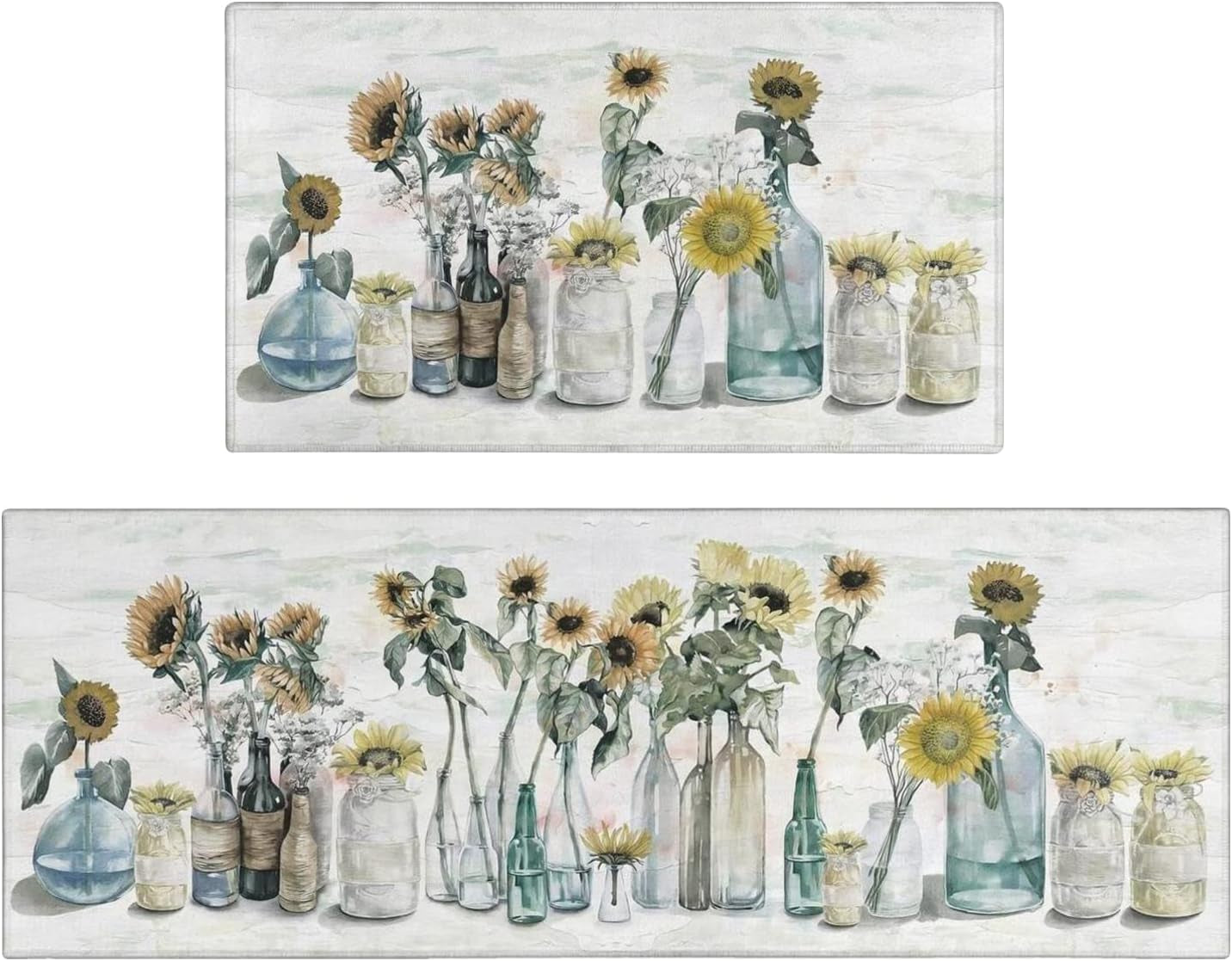 Sunflower Farmhouse Kitchen Rugs Set of 2,Colorful Spring Summer Flowers Kitchen Rugs and Mats Non Skid Washable,Farmhouse Kitchen Runner Rugs with Rubber Backing (17"X48"+17"X30")