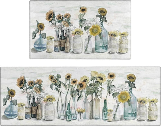 Sunflower Farmhouse Kitchen Rugs Set of 2,Colorful Spring Summer Flowers Kitchen Rugs and Mats Non Skid Washable,Farmhouse Kitchen Runner Rugs with Rubber Backing (17"X48"+17"X30")