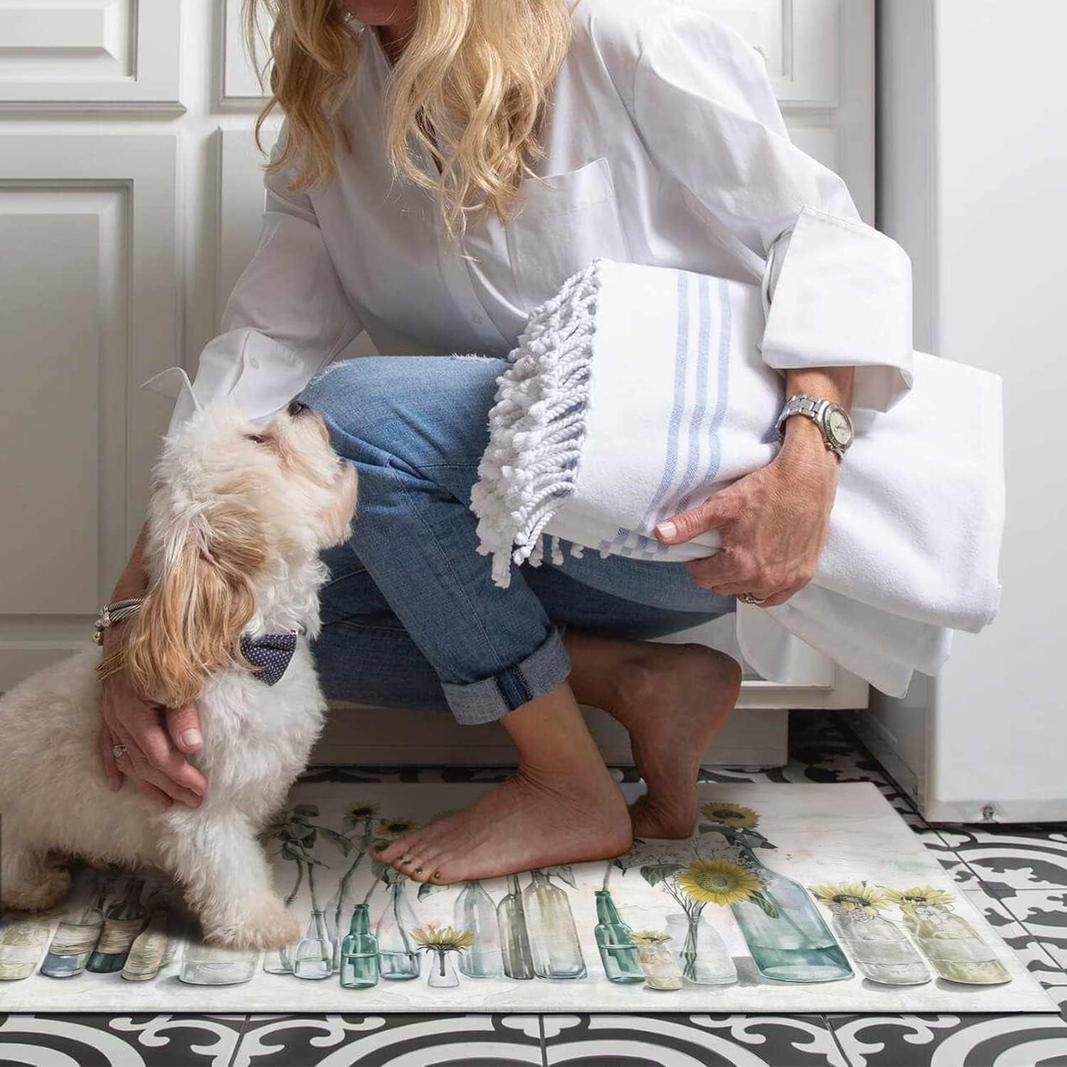 Sunflower Farmhouse Kitchen Rugs Set of 2,Colorful Spring Summer Flowers Kitchen Rugs and Mats Non Skid Washable,Farmhouse Kitchen Runner Rugs with Rubber Backing (17"X48"+17"X30")