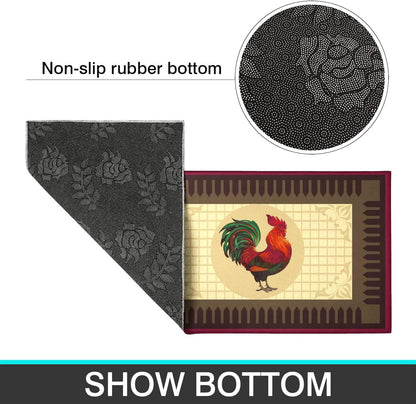 Rooster Kitchen Rug Rooster Rugs Set of 2 Kitchen Rug with Rooster Non-Slip Kitchen Rugs and Mats Floor Mat Doormat Runner Rug for Kitchen, Laundry, Living Room, Front Door
