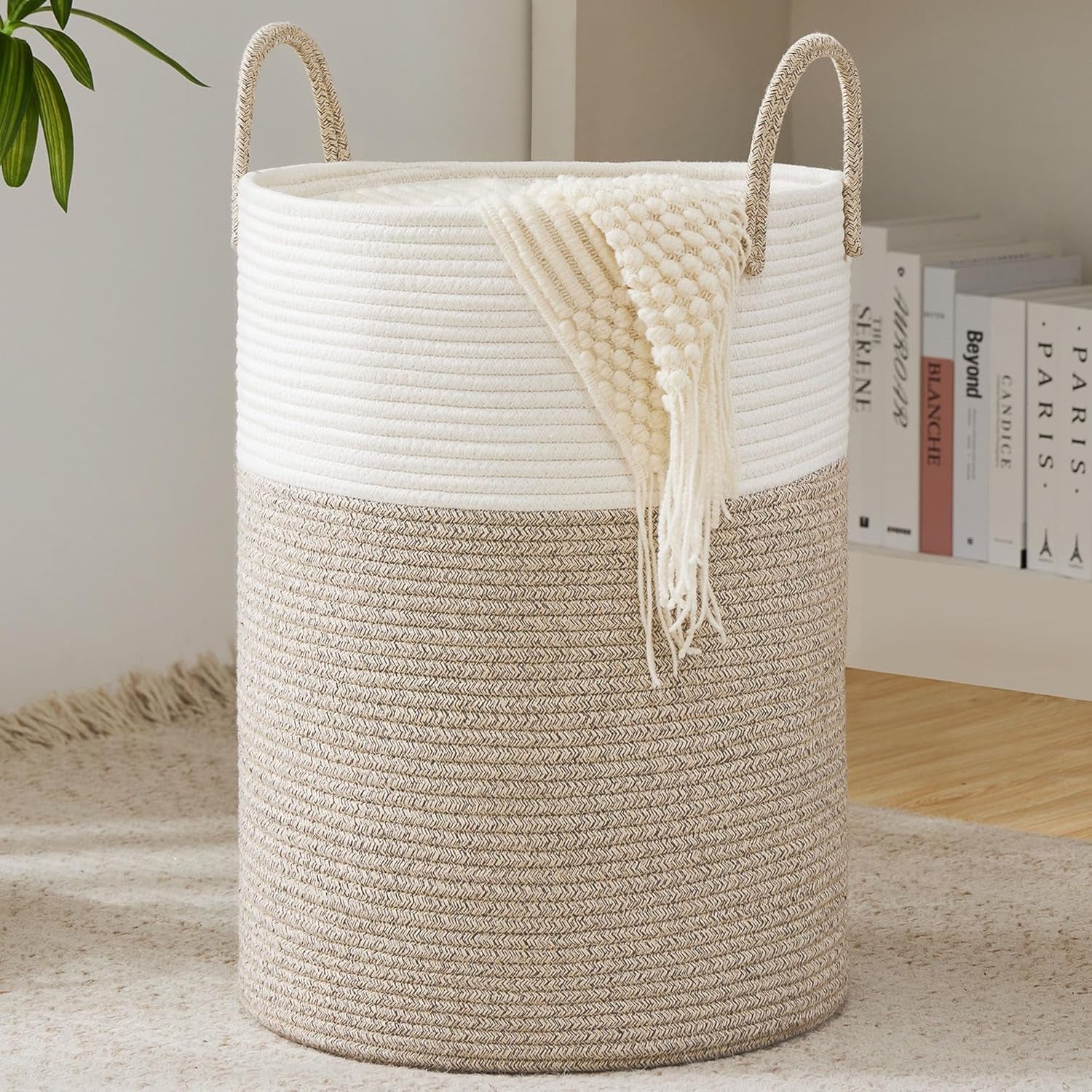 Cotton Rope Laundry Basket by , 58L Woven Collapsible Laundry Hamper, Clothes Hamper with Reinforced Handles in the Laundry Room, Bedroom, Bathroom, Brown